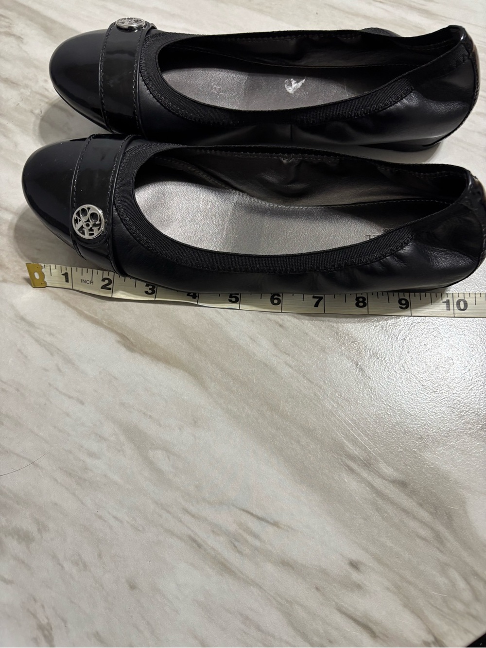 Coach Black Leather Ballet Flats with Silver Logo Button